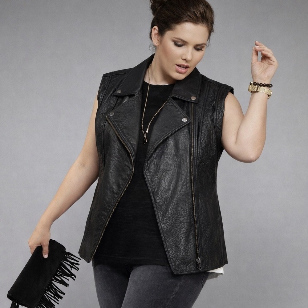 Sejour Genuine Leather Moto Vest Black Zip Front Lined Biker Mid Length 18W